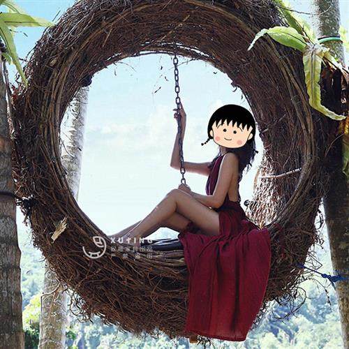 巴厘岛网红藤编鸟巢户外秋千景区婚纱拍摄道具创意悬挂圆形床民宿