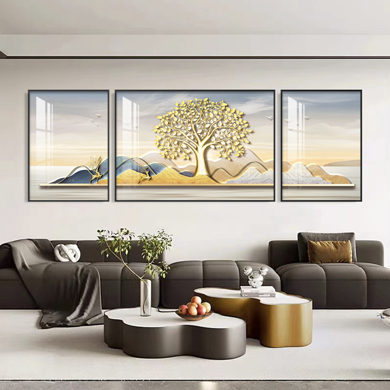 发财树福鹿客厅装饰画新款现代简约沙发背景墙壁画新中式三联挂画
