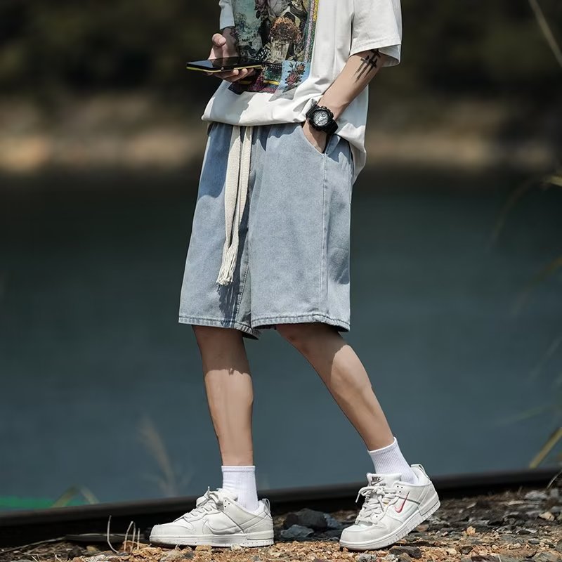 水洗牛仔短裤男生夏季新款韩版潮流ins时尚简约松紧腰宽松五分裤