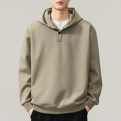 2025秋冬装新款重磅加厚半开扣连帽卫衣男士美式街头潮牌纯色帽衫