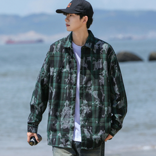 男衬衫长袖春秋季2024新款墨绿色花格子扎染休闲男士衬衣外套上衣