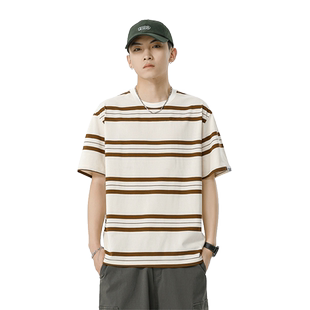夏季黑白细条纹T恤男士短袖海魂衫日系圆领潮流潮牌ins宽松上衣服