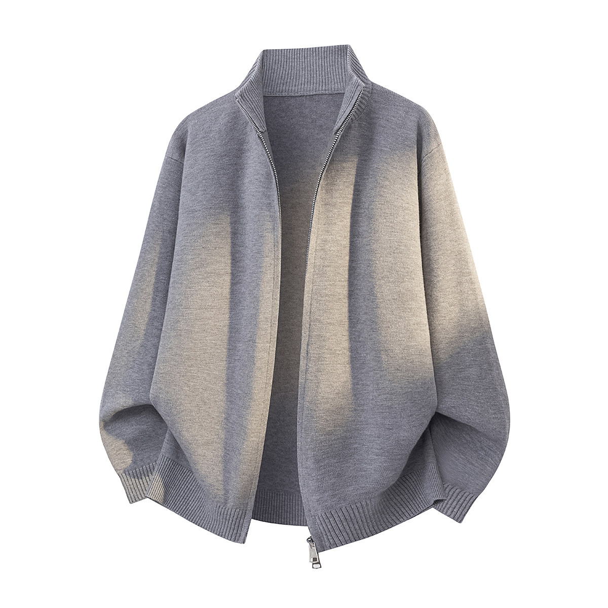 双拉链针织开衫外套男2026秋季薄款简约纯色韩版修身柔软立领毛衣