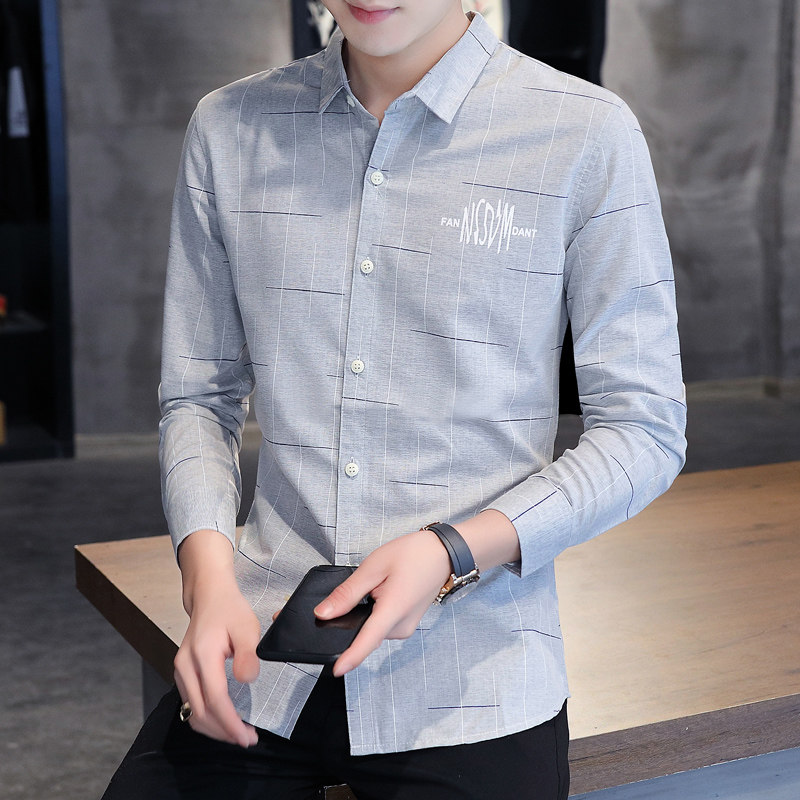 长袖衬衫男装秋冬装条纹薄款韩版休闲外套衬衣学生日系翻领上衣服