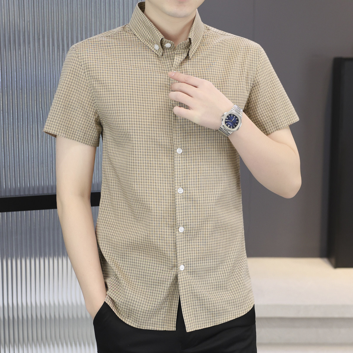 格纹衬衫男士短袖2026夏季新款韩版修身简约经典百搭立领全棉衬衣