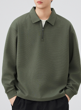 美式军绿色半拉链翻领POLO衫男2026新款春装成熟稳重休闲长袖上衣