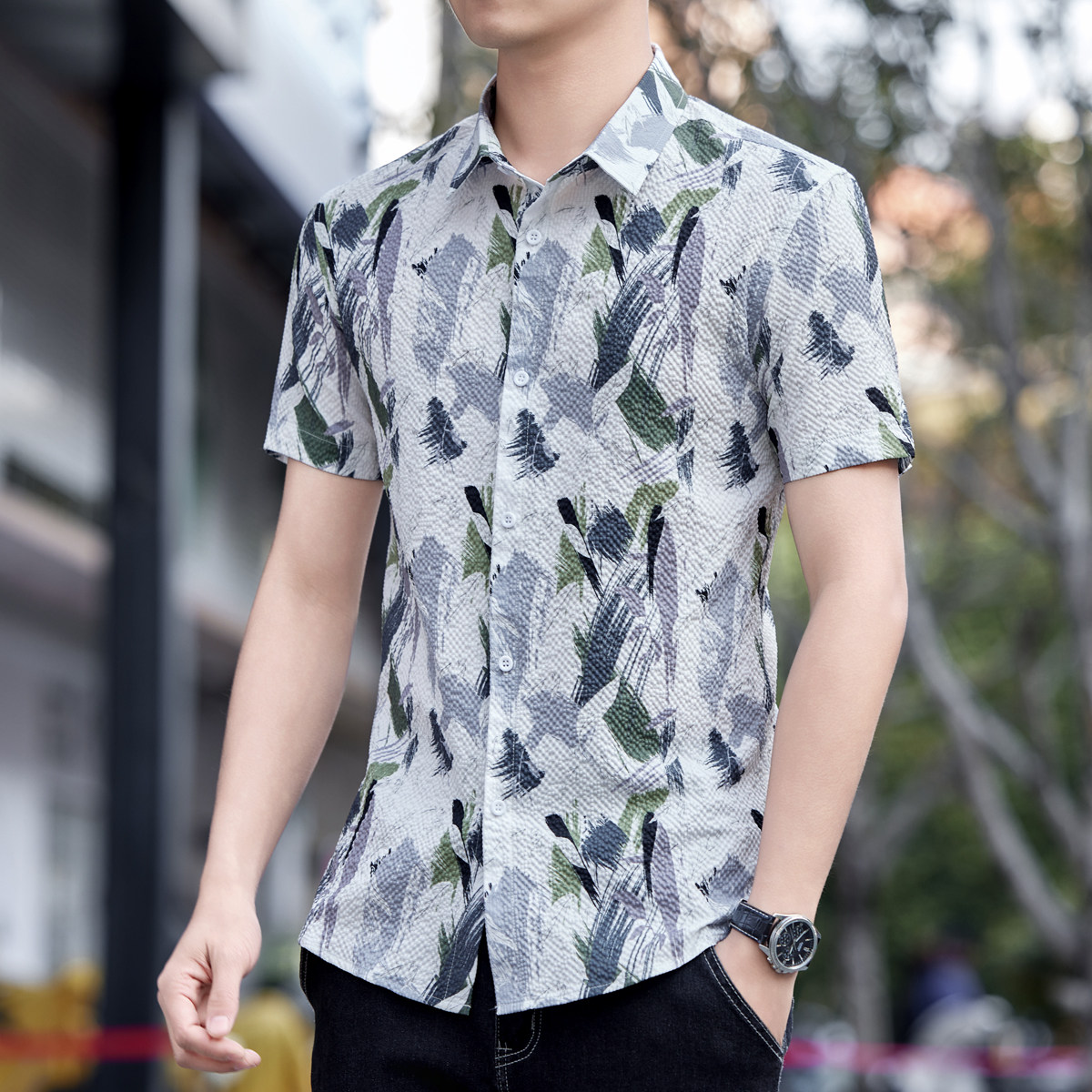 2025夏季新款男装褶皱肌理感短袖衬衫潮流休闲宽松花哨流行衬衣寸