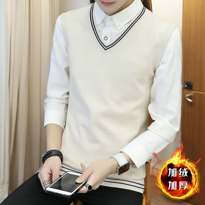 毛衣背心男秋冬季V领坎肩无袖加绒加厚保暖青少年针织衫马甲线衣