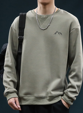 高级感卫衣男2024秋季美式国潮绿色圆领早秋薄款无帽外套上衣