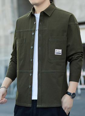 军绿色工装衬衫外套男春秋新款宽松纯棉硬挺休闲长袖衬衣翻领上衣
