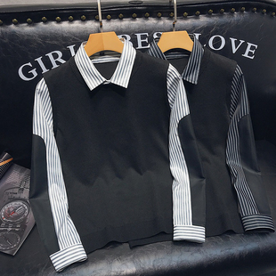 高级感假两件针织衫修身百搭毛衣男士2025年新款条纹带领子打底衫