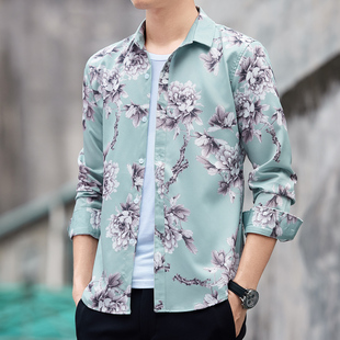 长袖花衬衫男2025春季新款潮流痞帅高级垂坠感弹力防皱衬衣外套寸
