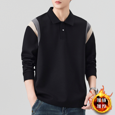 加绒加厚polo衫男士长袖秋冬款翻领t恤拼接上衣美式休闲打底卫衣