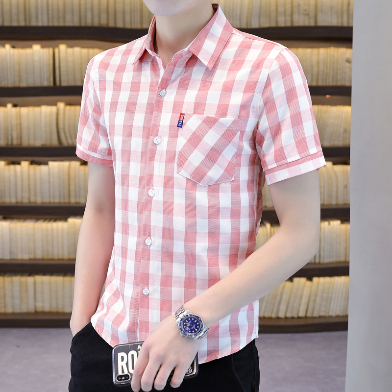 格子衬衣男夏季短袖韩版有口袋休闲花衬衫青少年学生半袖翻领上衣