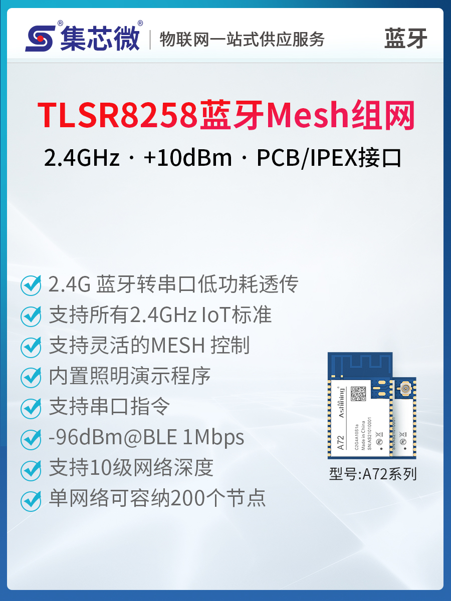 集芯TLSR8258芯片方案BLE5.0无线蓝牙串口模块Mesh组网低功耗透传