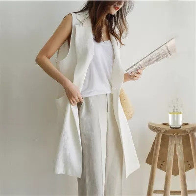 单排扣宽松百搭背心马甲外套白色2024春夏无袖西装马夹亚麻中长女