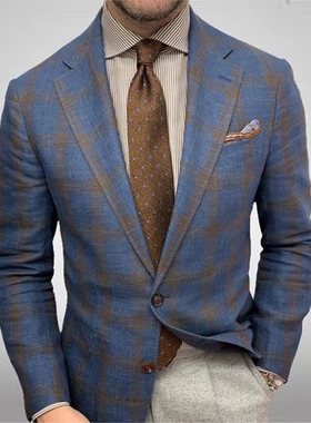 Check Lapel Long Sleeve Casual Suit 蓝色格纹翻领长袖休闲西装