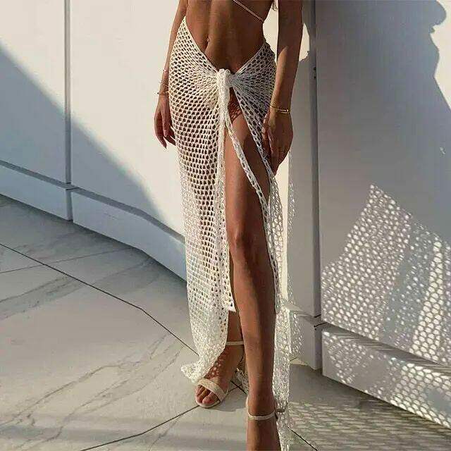 镂空针织绑带式长裙knit beach wear编织开叉沙滩系带连衣裙