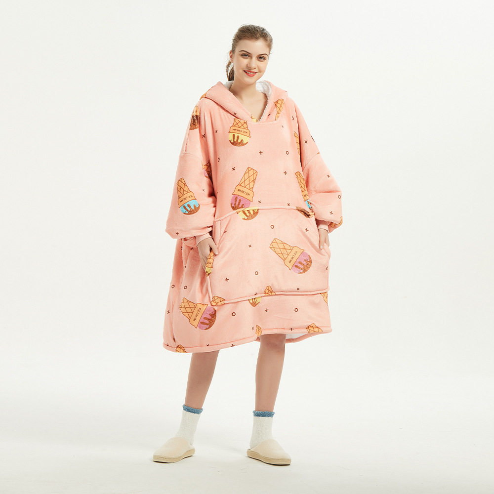 Lamb plush hooded lazy blanket loose oversized printed swea