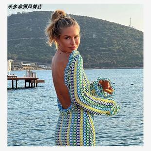 skirt度假撞色蕾丝花边露背长袖 out 连衣裙女 hollowed Vacation