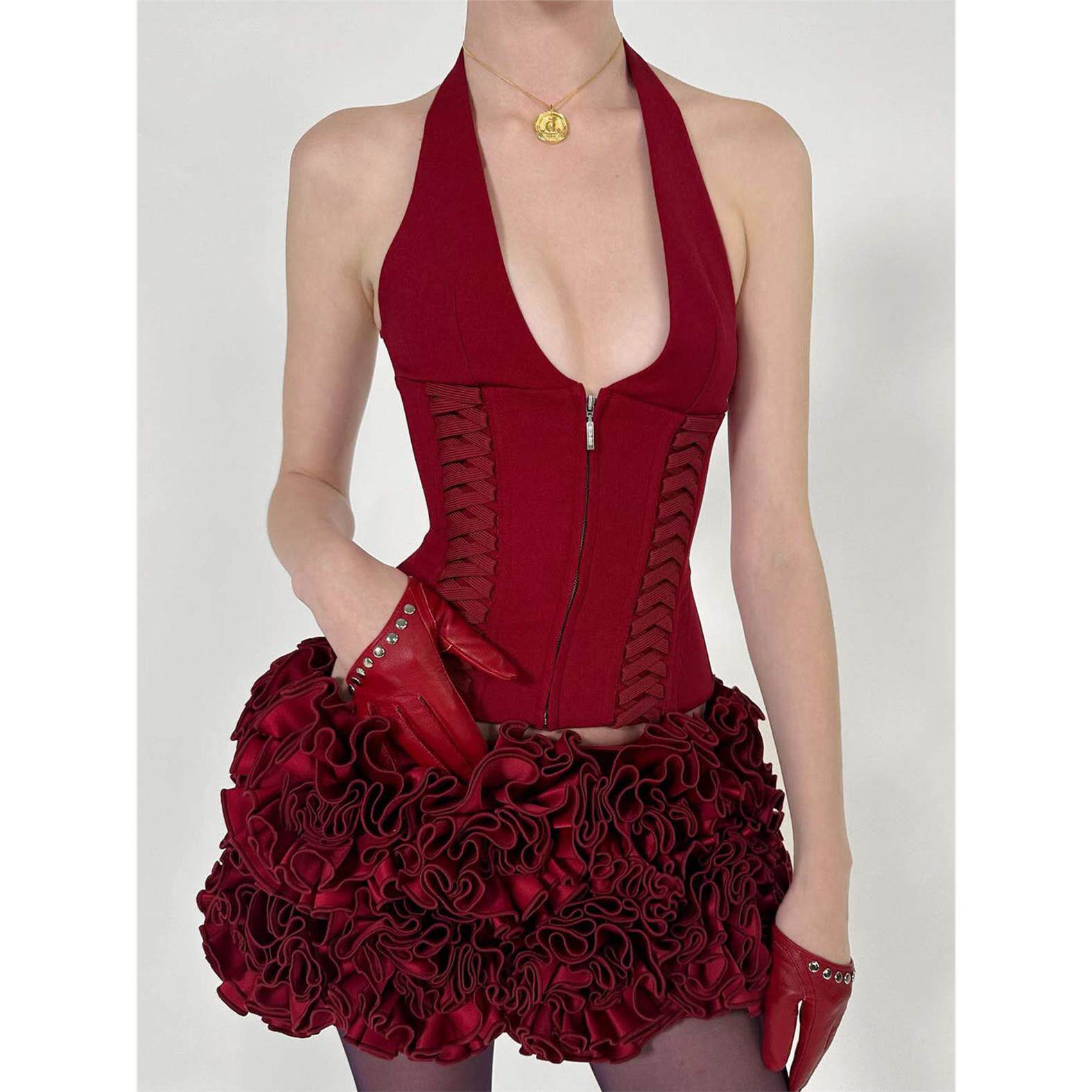 Cross Tie Zipper Women's Vest Backless Sleeveless Halter Top