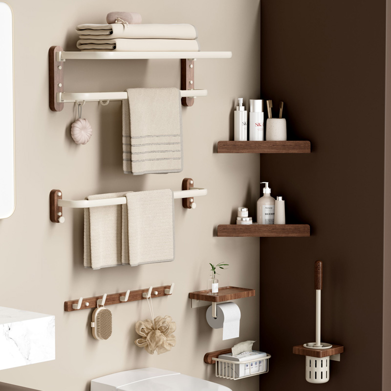 中古风胡桃木卫生间置物架毛巾架浴室免打孔美拉德奶油复古浴巾架
