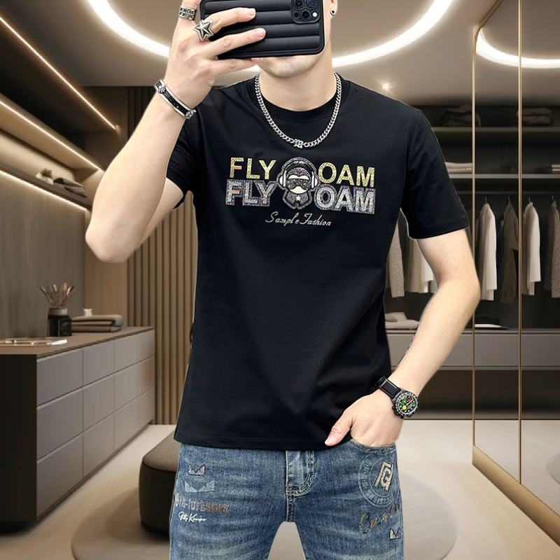 黑白色夏季男士短袖T恤修身圆领透气上衣男潮流2024新款休闲半袖