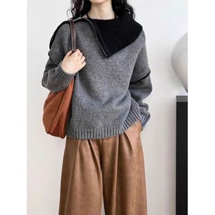 设计感拉链翻领套头毛衣女秋冬季加厚宽松慵懒风时尚显瘦针织上衣