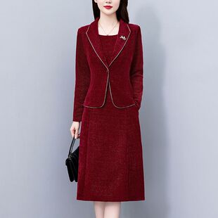 喜婆婆喜妈妈红色喜庆大码女装胖mm长袖连衣裙秋冬季修身假两件套
