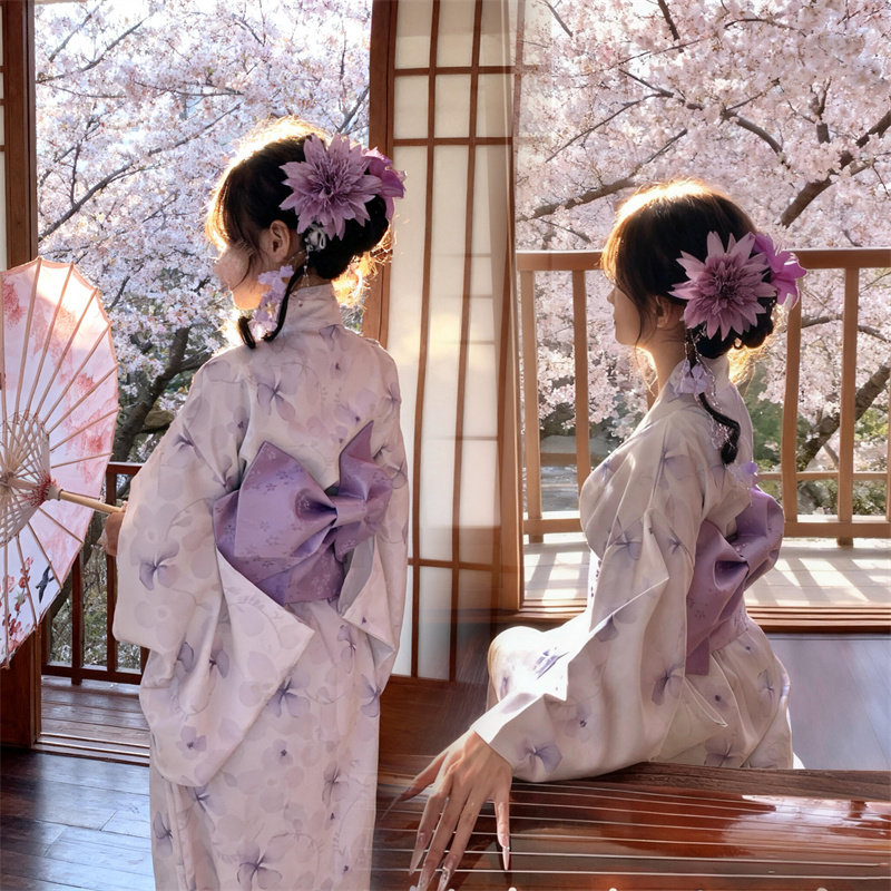 日系和服浴衣白色樱花印花改良传统服装少女写真摄影
