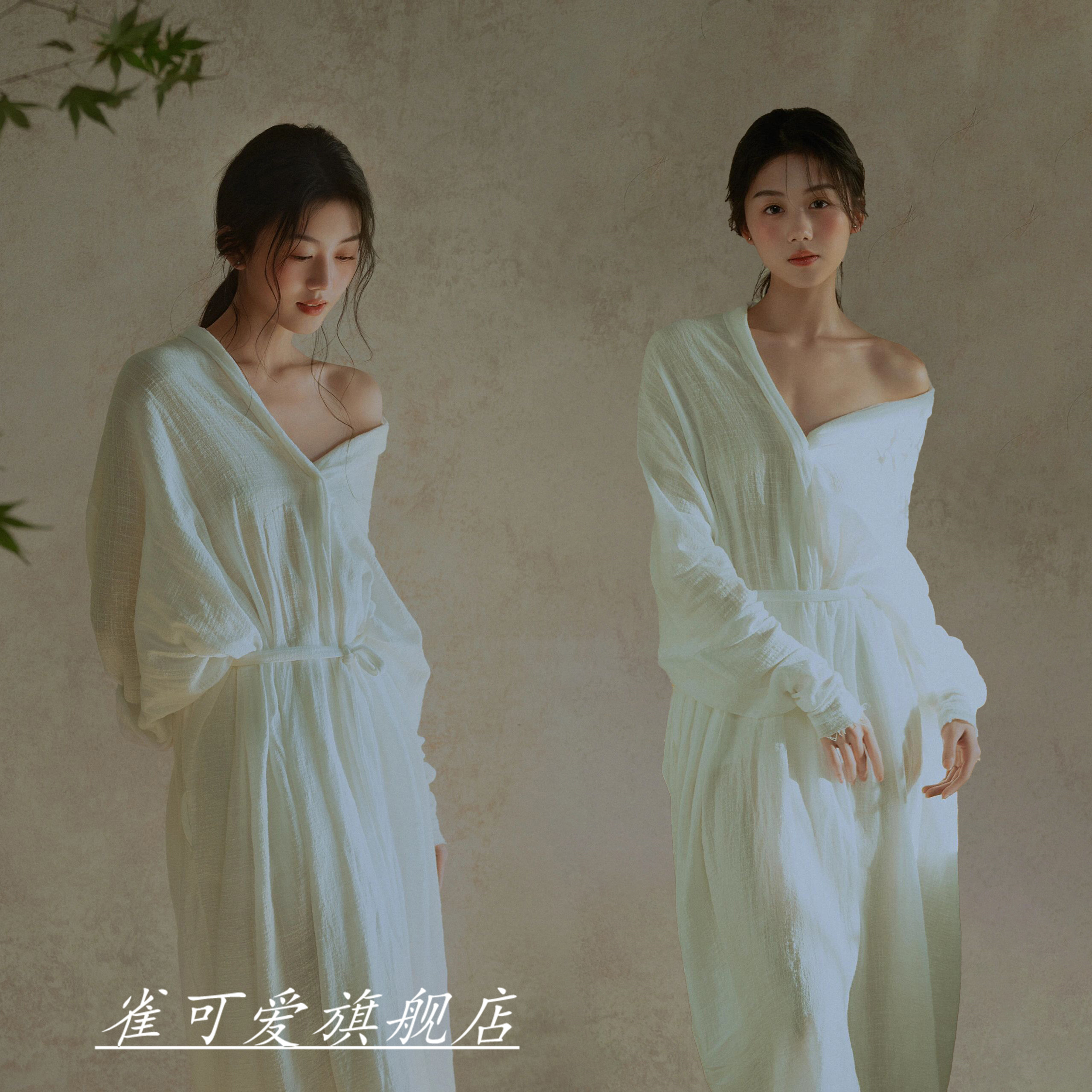新中式复古禅意清冷感白色连衣裙女春季高级感v领系带收腰长裙子