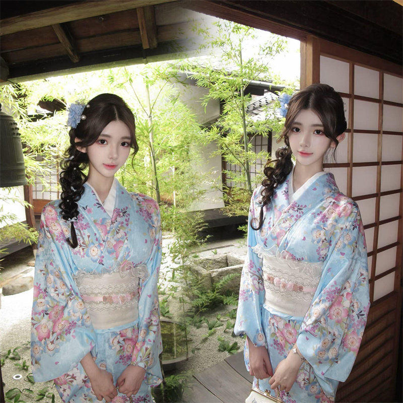 日系和风改良和服浴衣女蓝色花卉印花甜美写真摄影服装