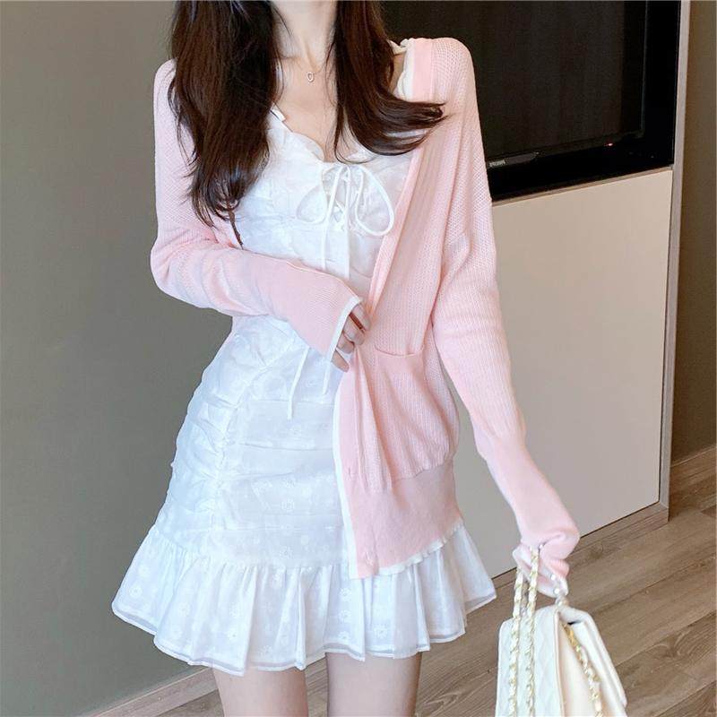 日系复古收腰显瘦吊带连衣裙女早秋新款宽松针织开衫防晒上衣套装