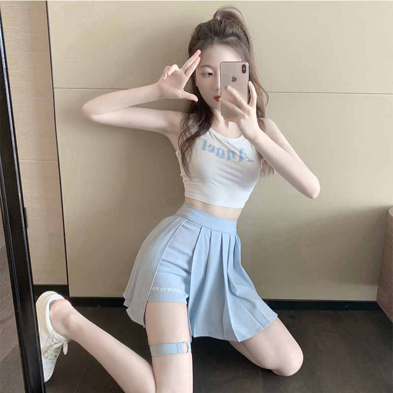 洋气减龄心机套装女网红ins超火显瘦短款T恤+百褶半裙裤两件套夏