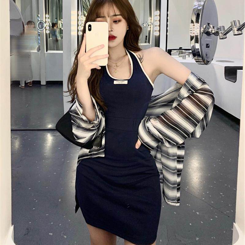 早秋新款性感露背修身开叉背心连衣裙女时尚气质格子防晒衬衫套装