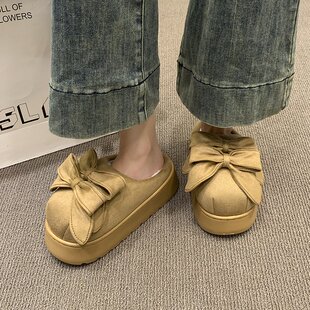 气质可爱蝴蝶结毛绒拖鞋 女秋冬外穿软厚底防滑舒适加绒保暖棉拖鞋