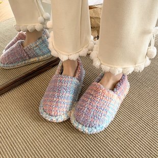 多巴胺高颜值渐变棉鞋女冬季居家软底防滑舒适加绒可爱毛绒包跟鞋