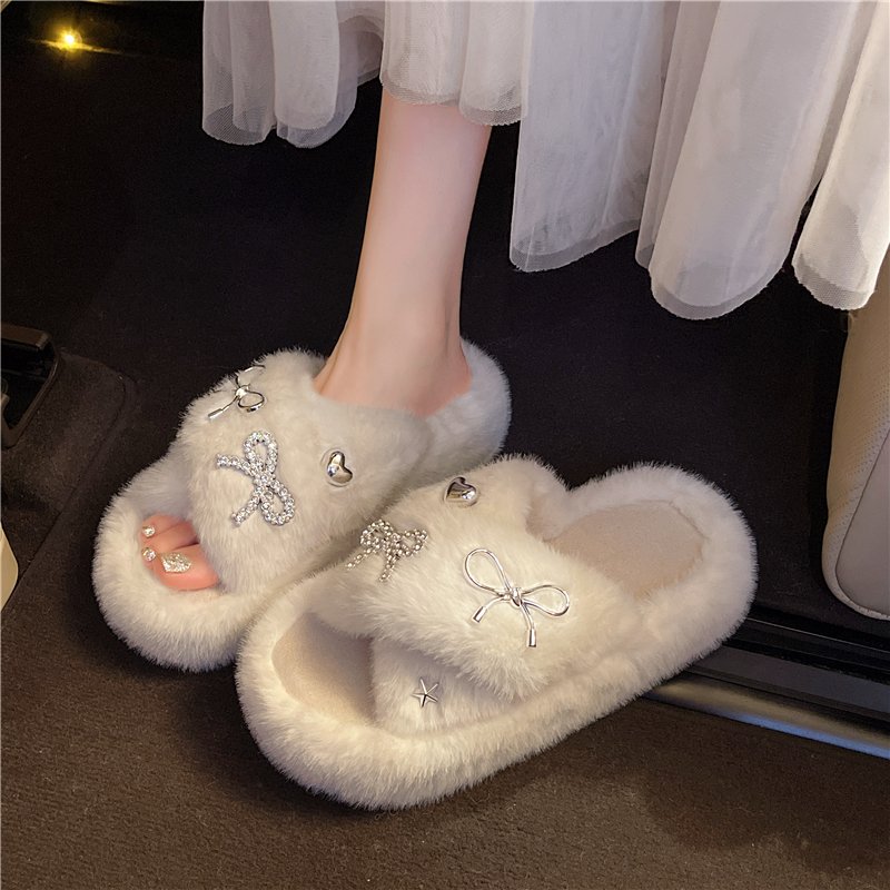 高颜值精致气质蝴蝶结可爱毛绒绒拖鞋女秋冬季外穿厚底防滑毛毛拖