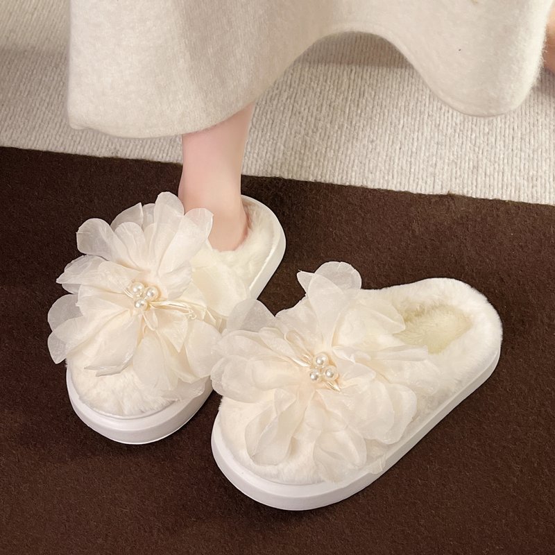欧根纱花朵棉拖鞋女冬季室内软底好穿加绒保暖静音网红毛绒绒拖鞋
