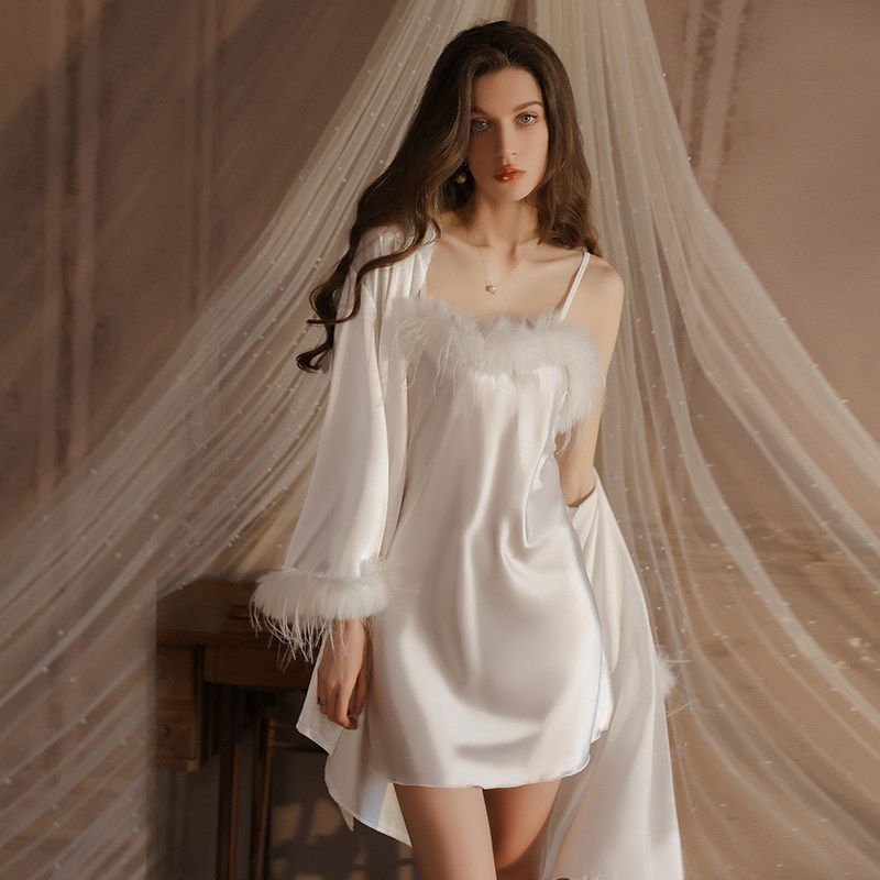 趣安芬性感真丝绸羽毛高级感纯欲风大码吊带睡裙晨袍家居服套装