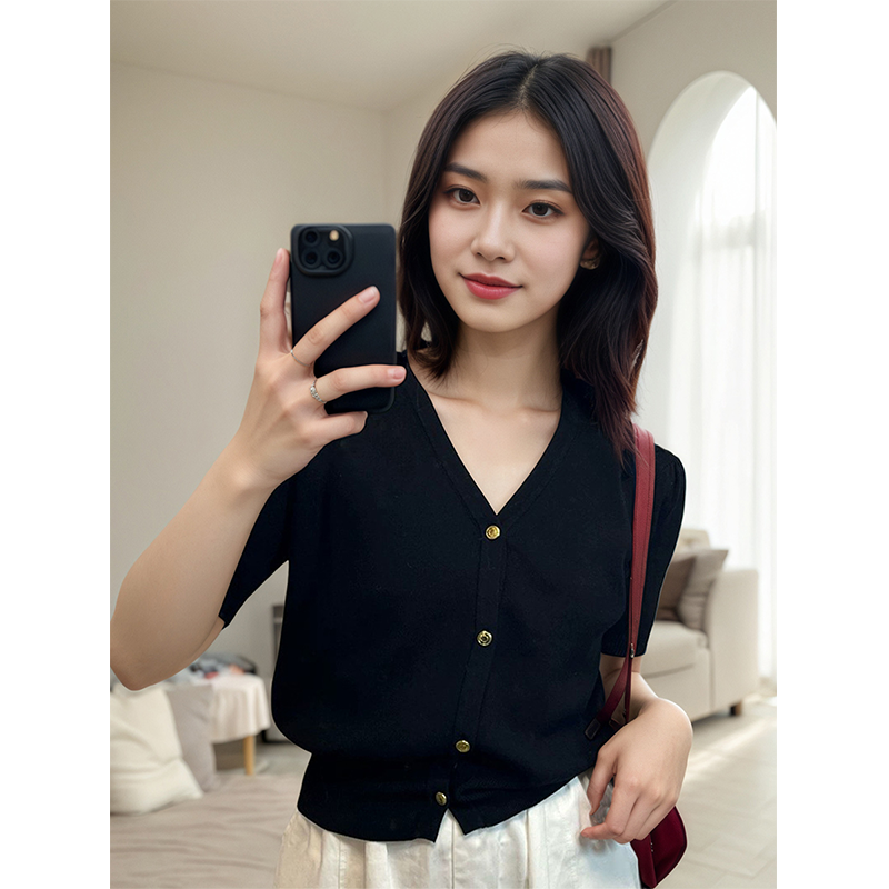 黑色短款t恤针织开衫女夏季新款设计感修身显瘦V领小香风短袖上衣