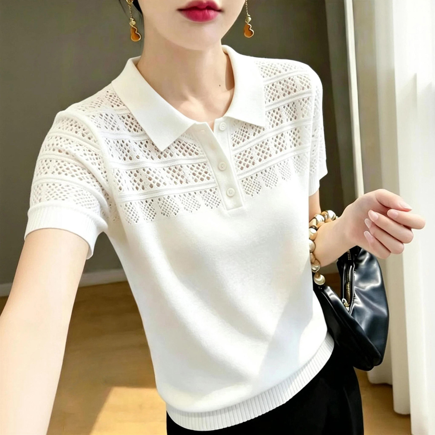 Polo领镂空短袖遮肚针织衫女上衣