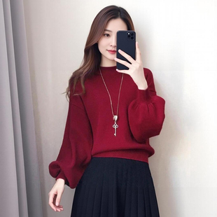 针织衫 宽松遮肚子灯笼袖 上衣 女秋冬新款 本命年红色保暖毛衣打底衫