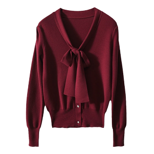 大码棉线秋冬季新款飘带领毛衣针织开衫上衣内搭外穿打底衫女外套