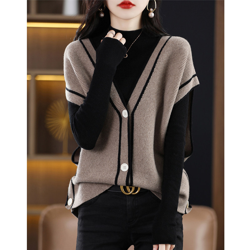 羊毛开衫马甲背心女秋冬新款v领拼色无袖毛衣叠穿内搭针织衫坎肩