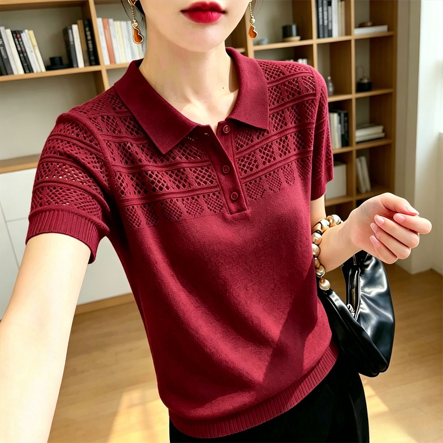 大码POLO领镂空短袖针织衫女上衣