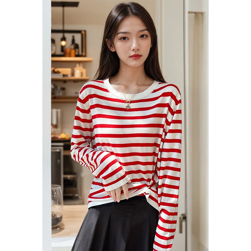 时尚条纹针织罩衫女春夏季新款长袖薄款宽松圆领上衣外穿打底T恤
