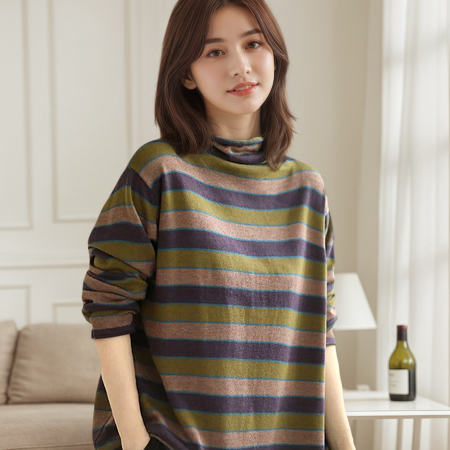 羡婉100%纯棉线堆堆领宽松打底衫