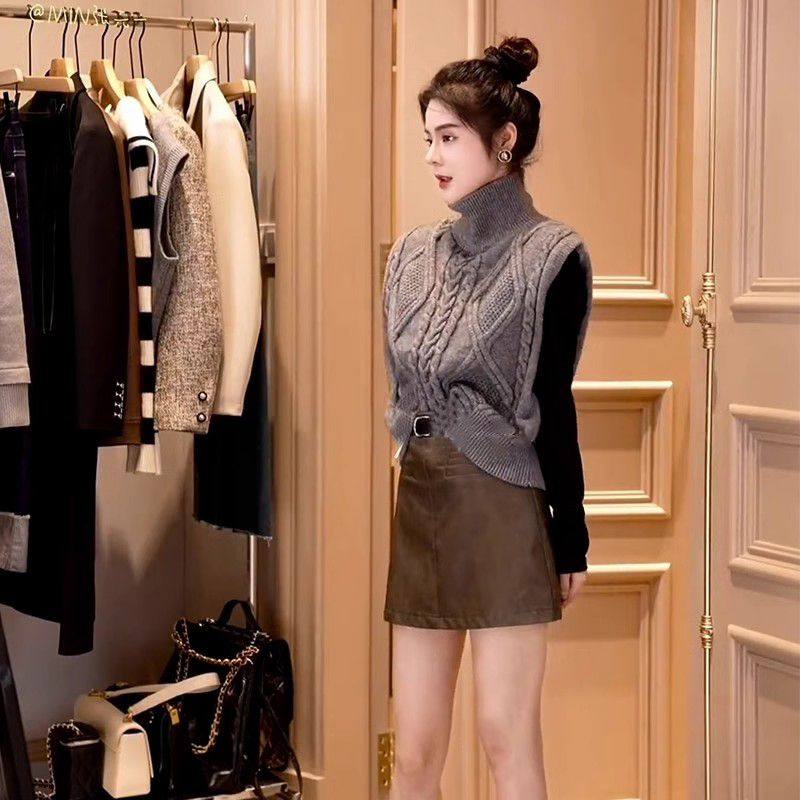 灰色高领双面穿针织衫马甲背心秋冬新款无袖毛衣叠穿外搭上衣马夹