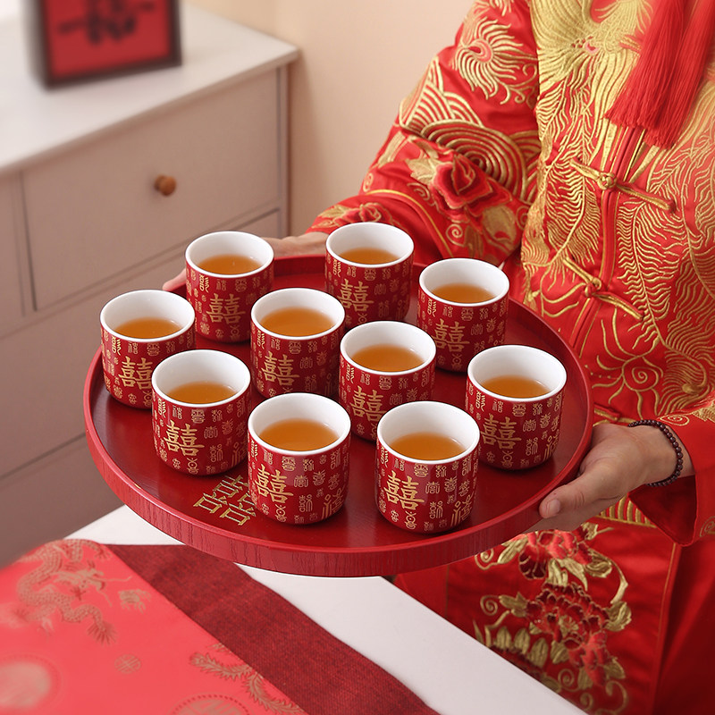 中式婚庆单杯结婚新娘敬茶杯功夫茶具品茗杯陶瓷满彩双喜红色托盘